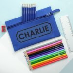 Personalised Children’s Banner Design Blue Pencil Case with Pencils & Crayons - Image 2