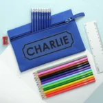 Personalised Children’s Banner Design Blue Pencil Case with Pencils & Crayons - Image 2