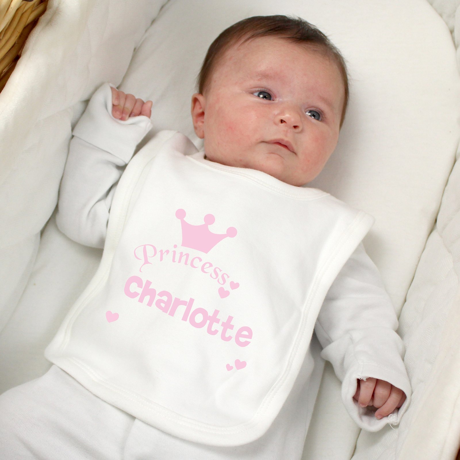 P0710A39 Personalised ‘Princess’ Pink Crown Motif Baby Bib Personalised ‘Princess’ Pink Crown Motif 0-3 Months Baby Bib - Image 1