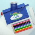 Personalised Children's Dinosaur Design Blue Pencil Case with Pencils & Crayons