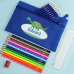 Personalised Children's Dinosaur Design Blue Pencil Case with Pencils & Crayons - Image 2