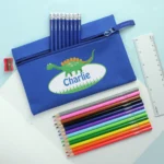 Personalised Children's Dinosaur Design Blue Pencil Case with Pencils & Crayons - Image 5