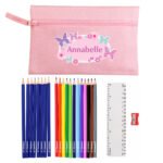Personalised Children’s Butterflies & Flowers Design Pink Pencil Case with Pencils & Crayons - Image 4