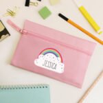 Personalised Children's Rainbow & Hearts Design Pink Pencil Case