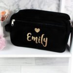 Personalised Gold Name & Gold Heart Motif Black Toiletry Bag