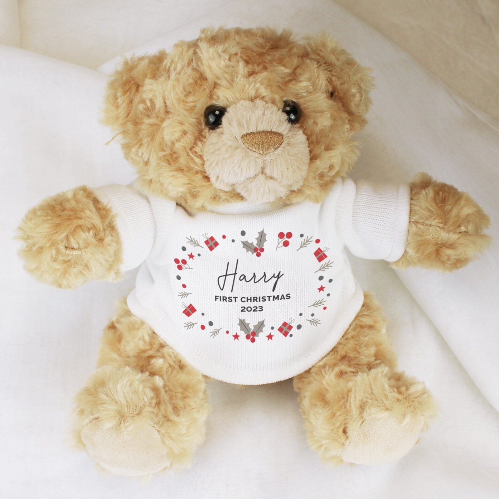 P0710L05 Personalised Any Message Christmas Holly Design Plush Teddy Bear Personalised Any Message Christmas Holly Design Plush Teddy Bear - Image 1