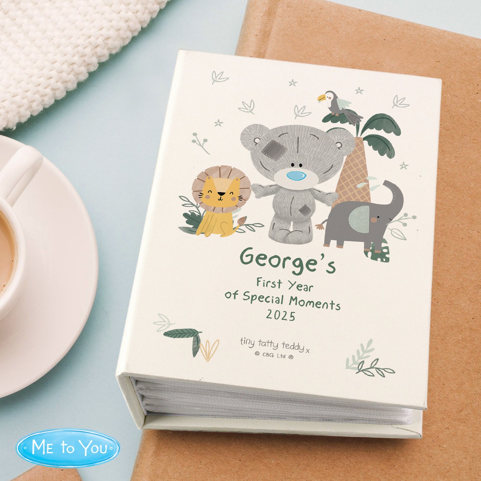 cup coffee with greeting card gift Personalised Tiny Tatty Teddy Jungle Animals Design 6x4 Photo Album - Image 1