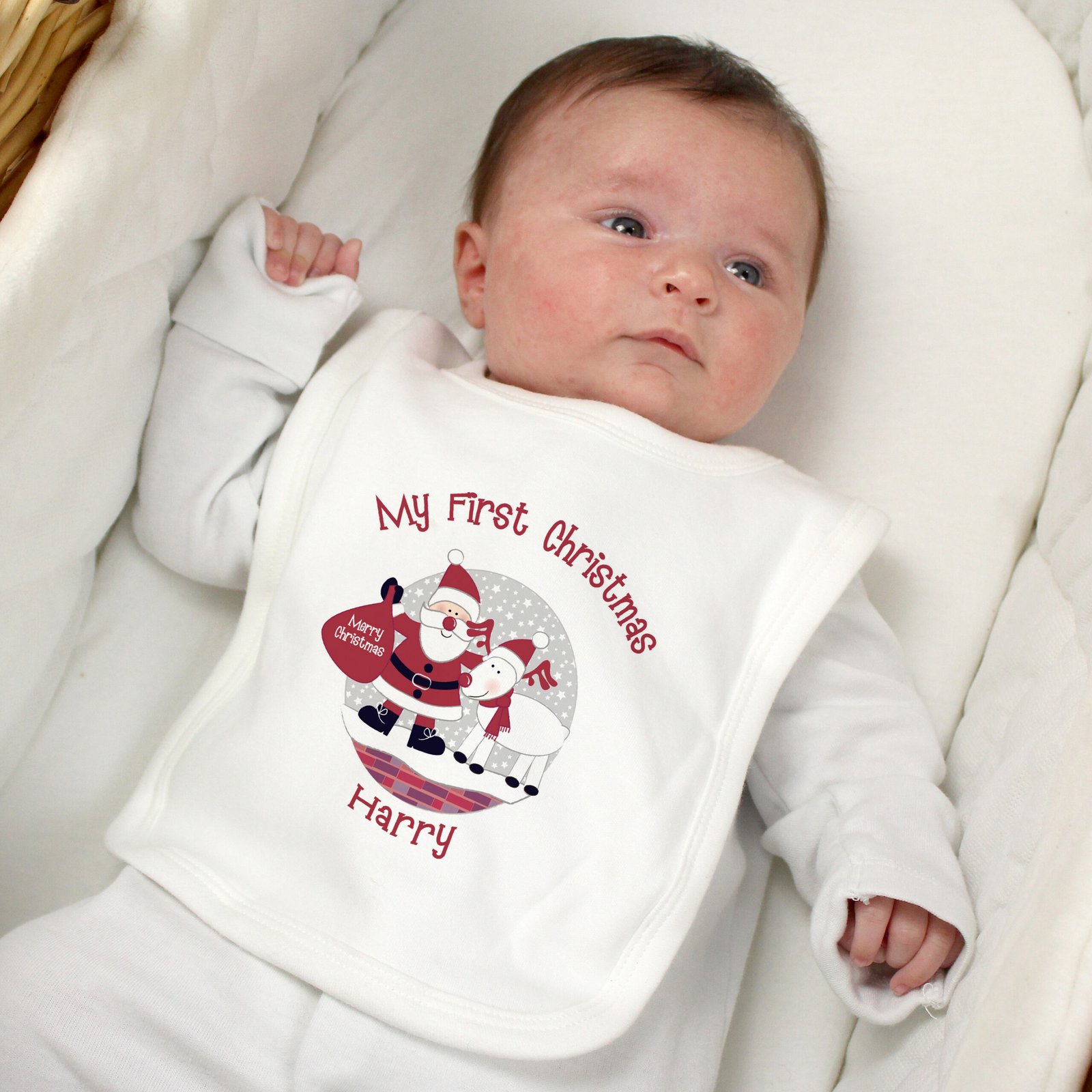 P071112 Personalised Rooftop Santa Design My First Christmas' Baby Bib Personalised Rooftop Santa Design My First Christmas' 0-3 Months Baby Bib - Image 1