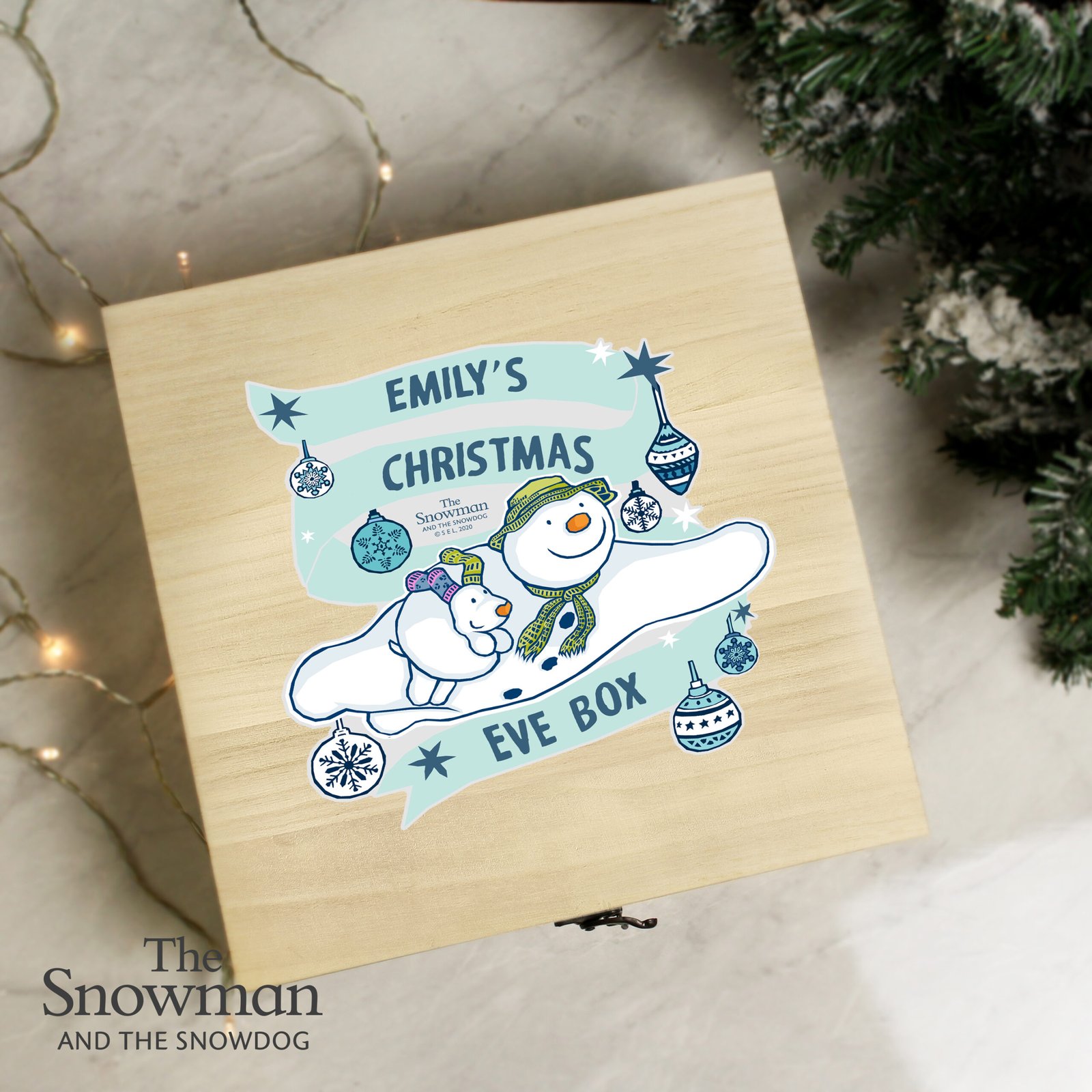 P071177 Personalised The Snowman and the Snowdog Large Wooden Christmas Eve Box Personalised The Snowman and the Snowdog Large Wooden Christmas Eve Box - Image 1