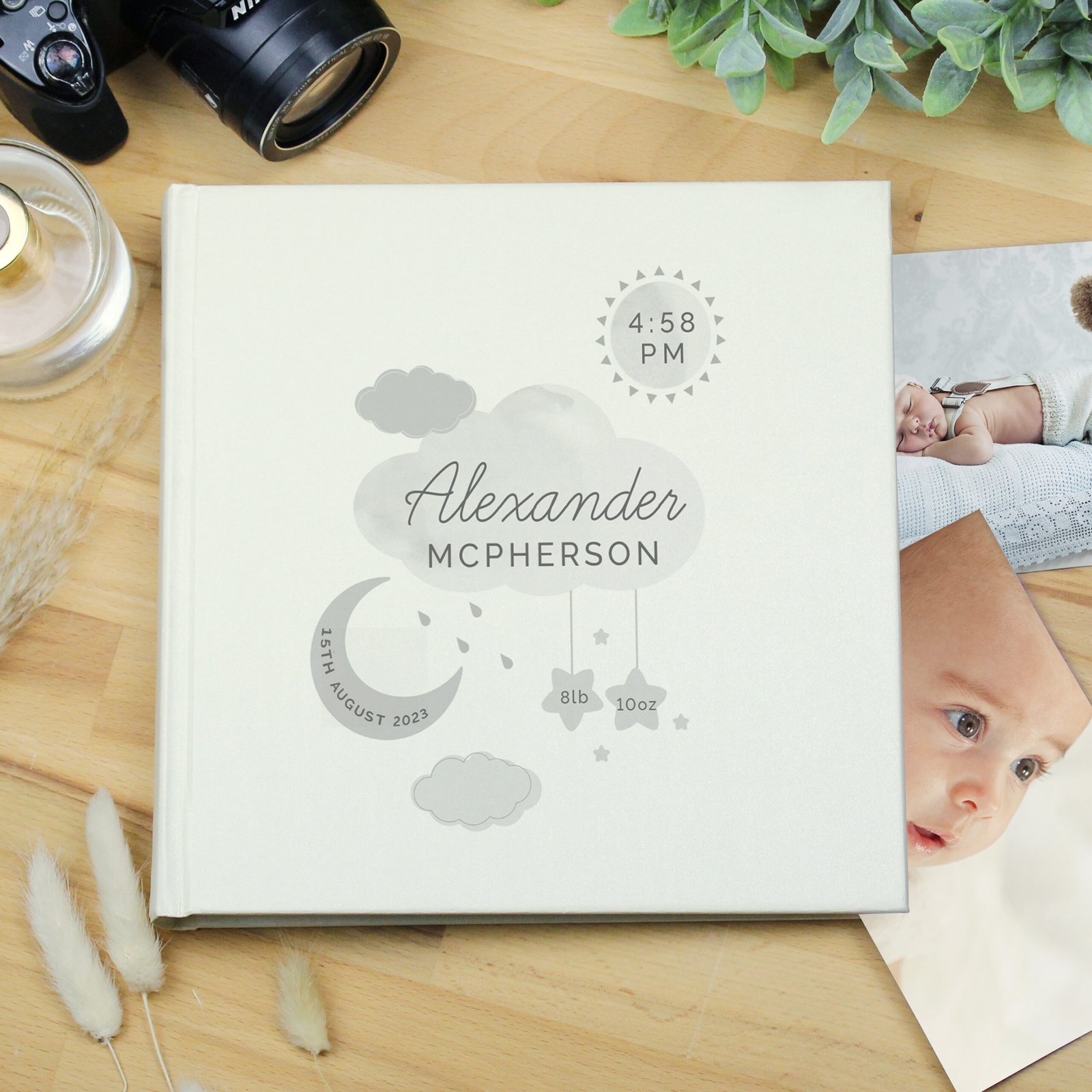 P0712A49 Personalised New Baby Moon & Stars Design Square Photo Album Personalised New Baby Moon & Stars Design Square Photo Album - Image 1