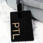 Personalised Gold Initials Black Leather Luggage Tag