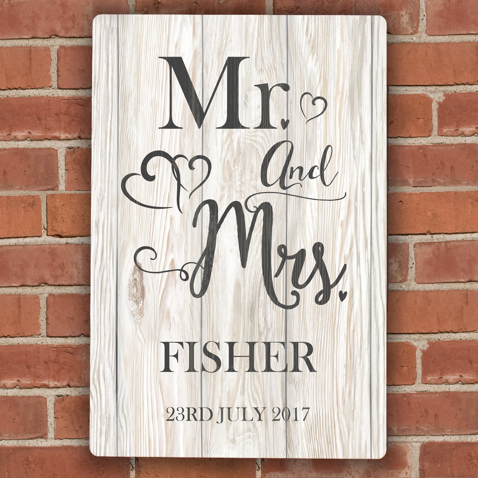 P080487 Personalised 'Mr And Mrs' Hearts Design Aluminium Sign Personalised 'Mr And Mrs' Hearts Design Aluminium Sign - Image 1