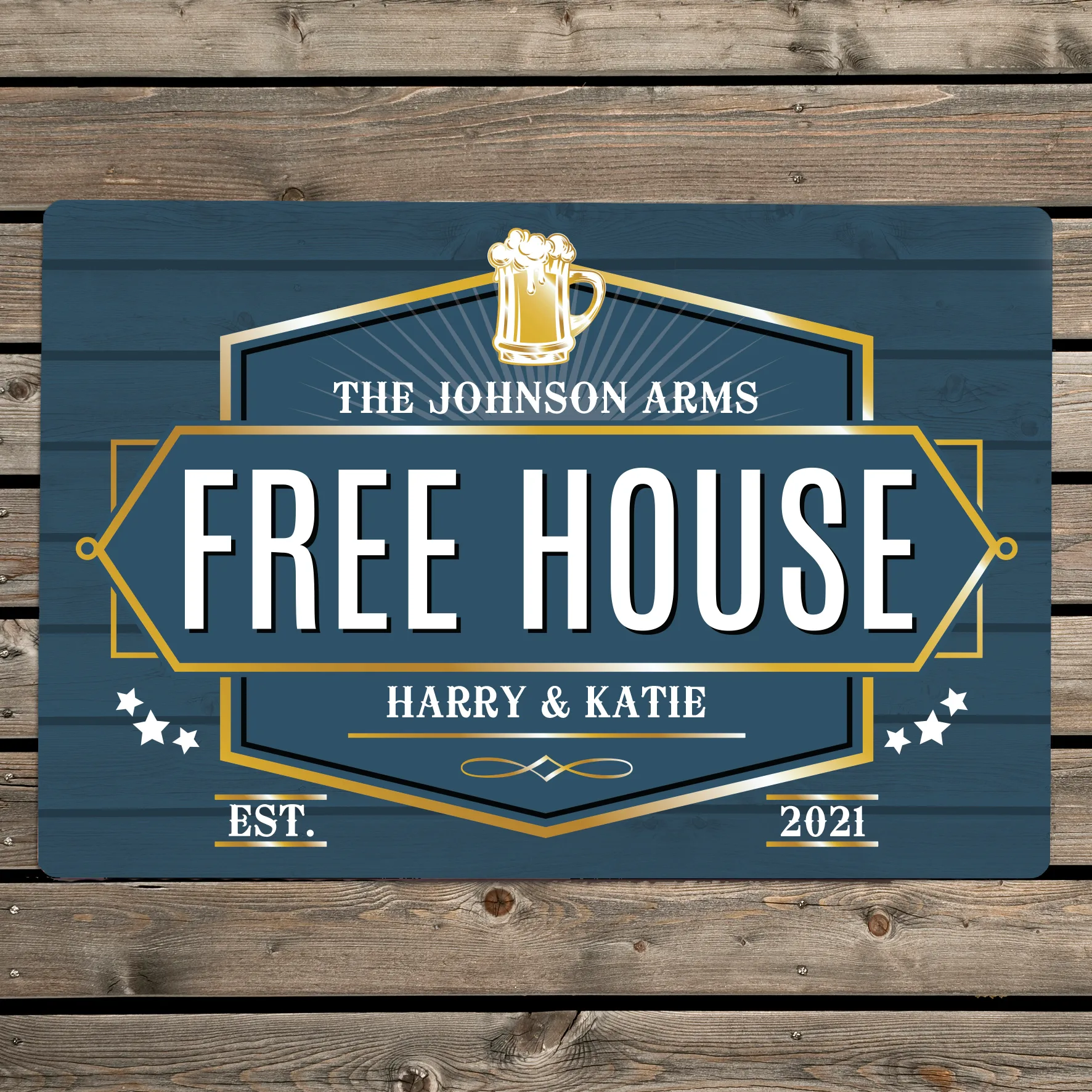 P0804A56 Personalised 'Free House' Blue Aluminium Sign Personalised 'Free House' Blue Aluminium Sign - Image 1