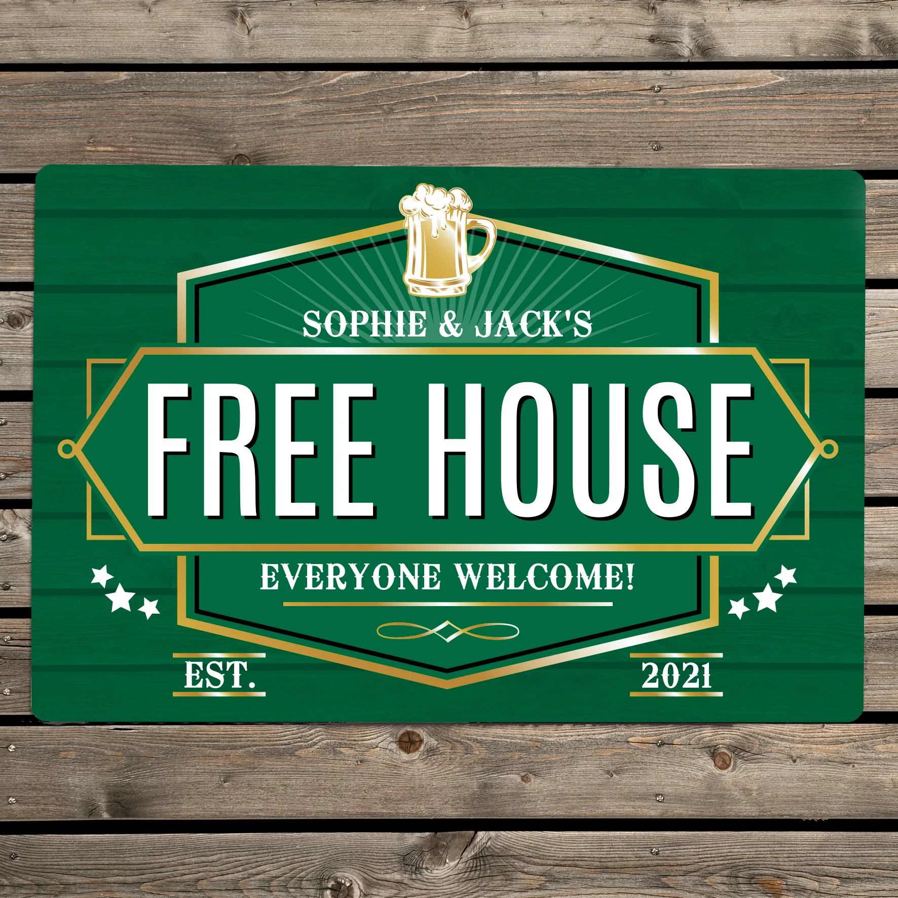 Personalised ‘Free House’ Green Aluminium Sign - Image 1