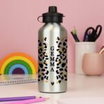 Personalised Children's Leopard Print Design Silver Aluminium Drinks Bottle - Image 3