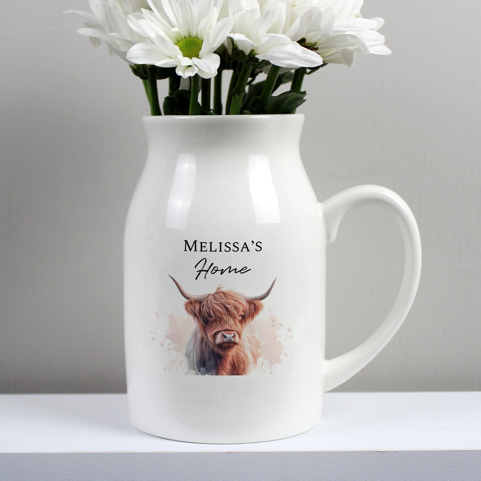 P0805021 Personalised Any Message Highland Cow Design Ceramic Flower Jug Vase Personalised Any Message Highland Cow Design Ceramic Flower Jug Vase - Image 1