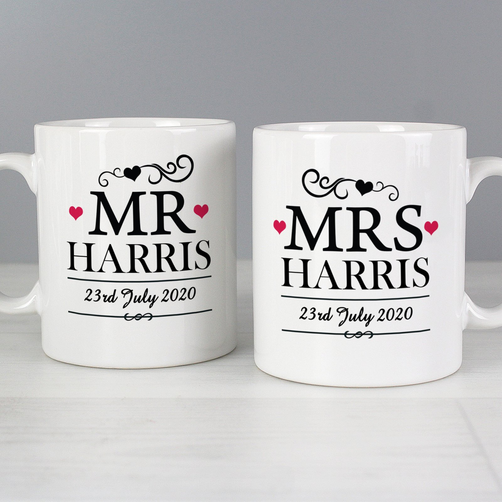 P0805B38 Personalised 'Mr & Mrs' Hearts Motif Ceramic Mug Set Personalised 'Mr & Mrs' Hearts Motif Ceramic Mug Set - Image 1