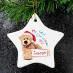 Personalised 'My First Christmas' Teddy Design Hanging Ceramic Star Decoration