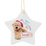 Personalised 'My First Christmas' Teddy Design Hanging Ceramic Star Decoration - Image 3