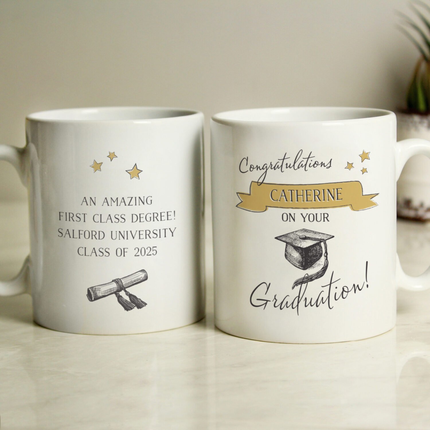 P0805H06 Personalised Gold Stars Design 'On Your Graduation' Ceramic Mug Personalised 'On Your Graduation' Gold Stars Design Ceramic Mug - Image 1