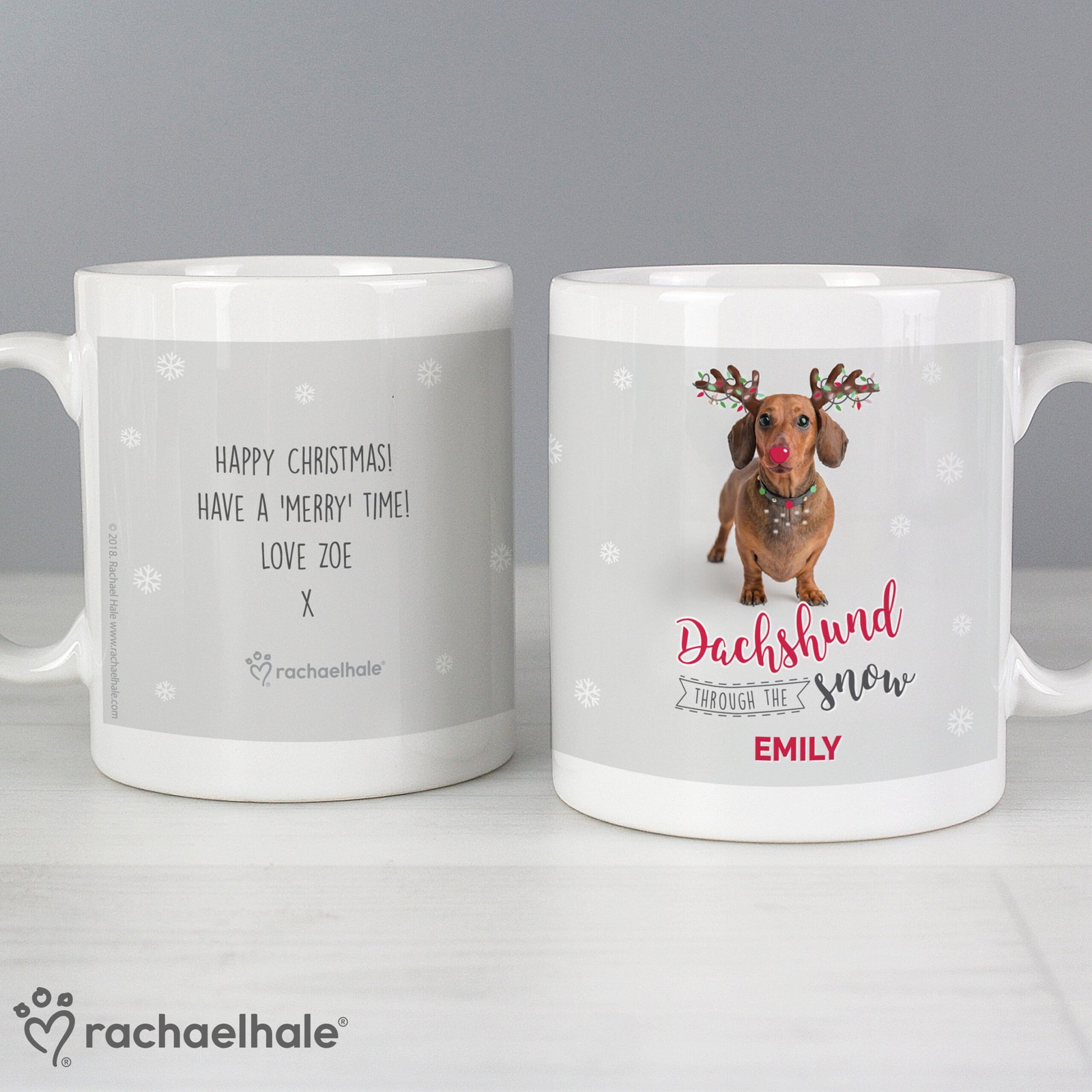 P0805I13 Personalised Rachael Hale 'Dachshund Through The Snow' Christmas Ceramic Mug Personalised Rachael Hale 'Dachshund Through The Snow' Christmas Ceramic Mug - Image 1