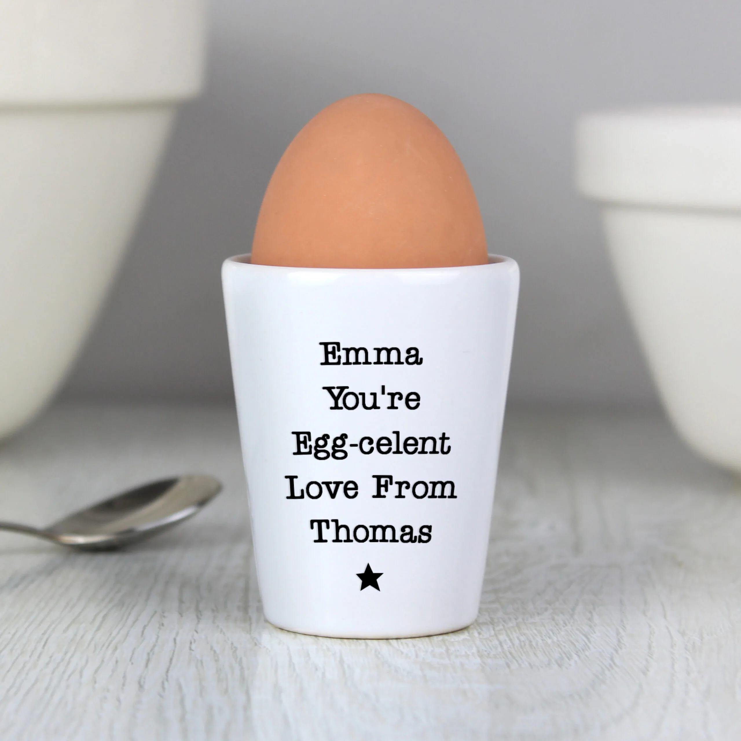 P0805L59 Personalised Any Message Black Star Motif Ceramic Egg Cup Personalised Any Message Black Star Motif Ceramic Egg Cup - Image 1