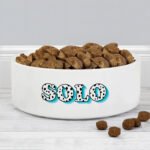 Personalised Blue Spots Name 15cm Medium White Ceramic Pet Bowl - Image 3