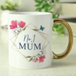Personalised Geometric Floral Design Gold Handled Ceramic Mug