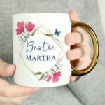 Personalised Geometric Floral Design Gold Handled Ceramic Mug - Image 3