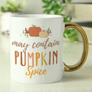 P0805N69 Personalised 'May Contain Pumpkin Spice' Gold Handled Ceramic Mug