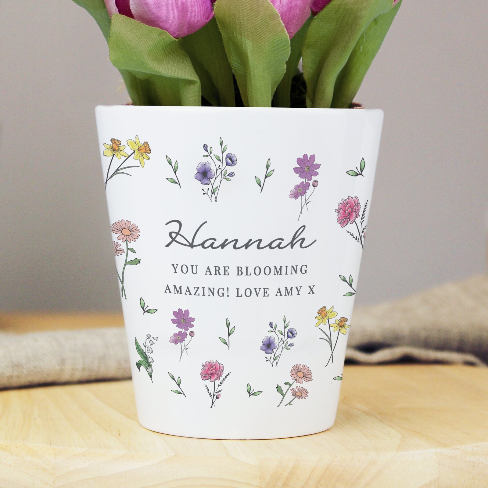 P0805N85 Personalised Any Message Wild Flowers Design Ceramic Plant Pot Personalised Any Message Wild Flowers Design Ceramic Plant Pot - Image 1