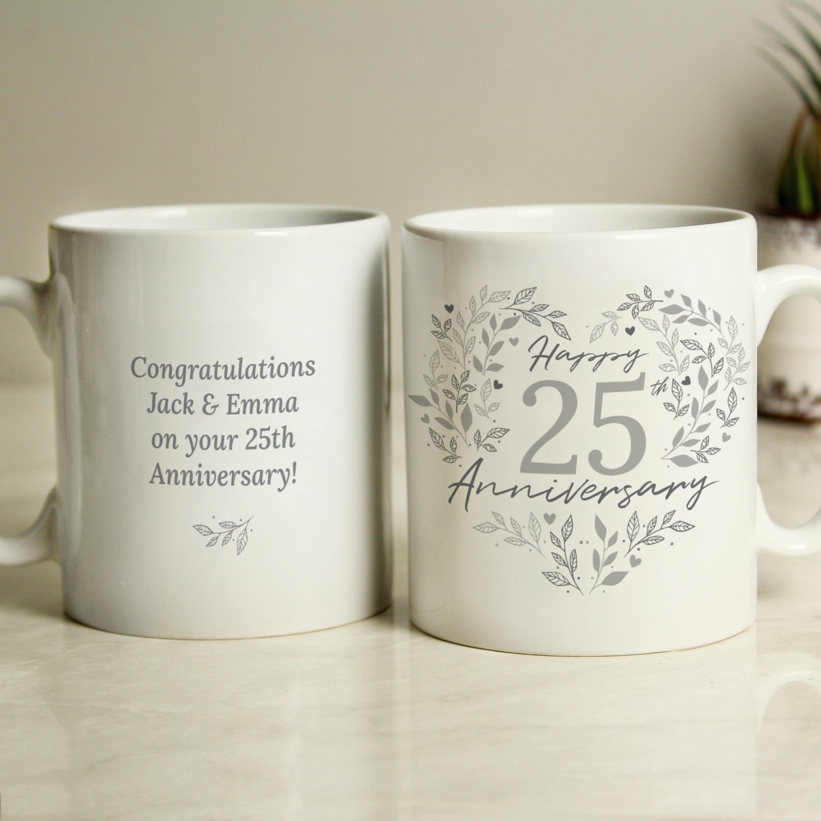 P0805N90 Personalised ‘Happy 25th Anniversary’ Silver Heart Design Ceramic Mug Personalised ‘Happy 25th Anniversary’ Silver Heart Design Ceramic Mug - Image 1