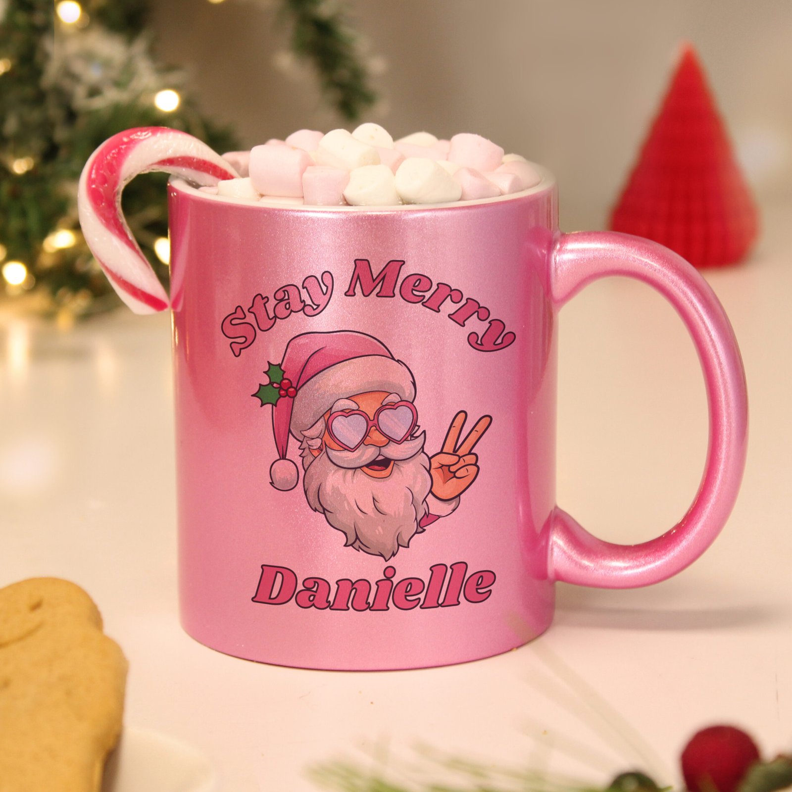 P0805O03 Personalised 'Stay Merry' Santa Motif Pink Ceramic Christmas Mug Personalised 'Stay Merry' Santa Motif Pink Ceramic Christmas Mug - Image 1