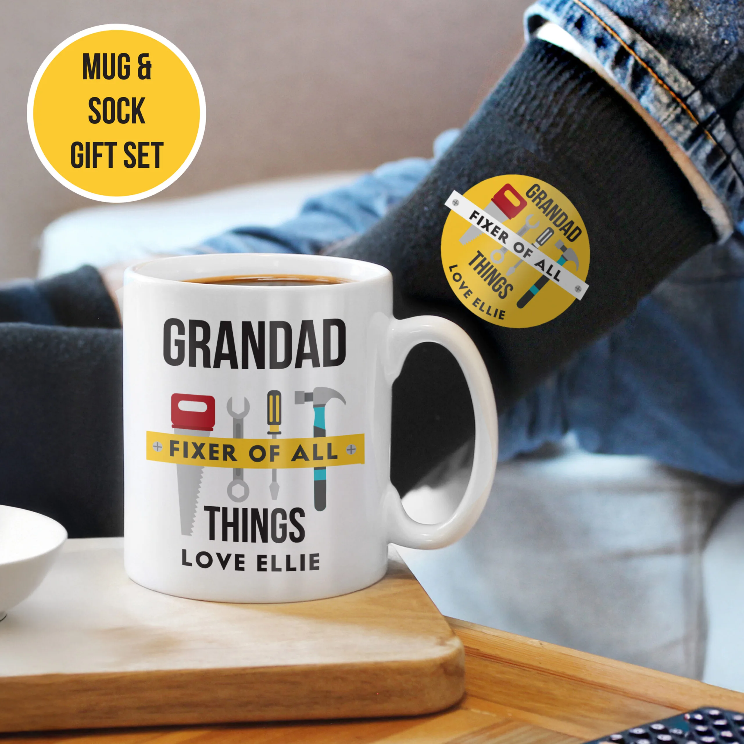 Personalised 'Fixer of All Things' Ceramic Mug & Black Socks Gift Set - Image 2