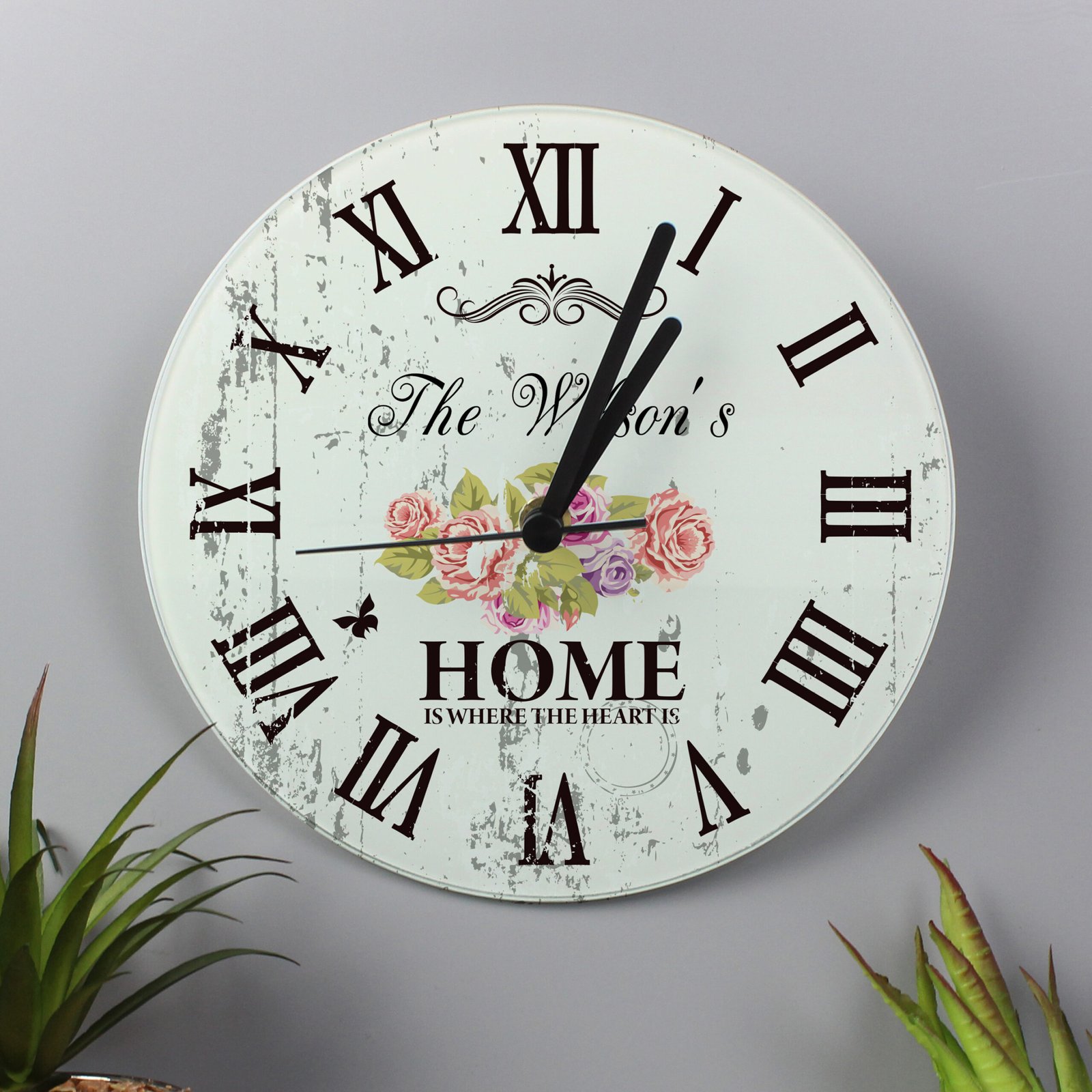 P080705 Personalised Shabby Chic Floral Design Glass Wall Clock Personalised Shabby Chic Floral Design Glass Wall Clock - Image 1