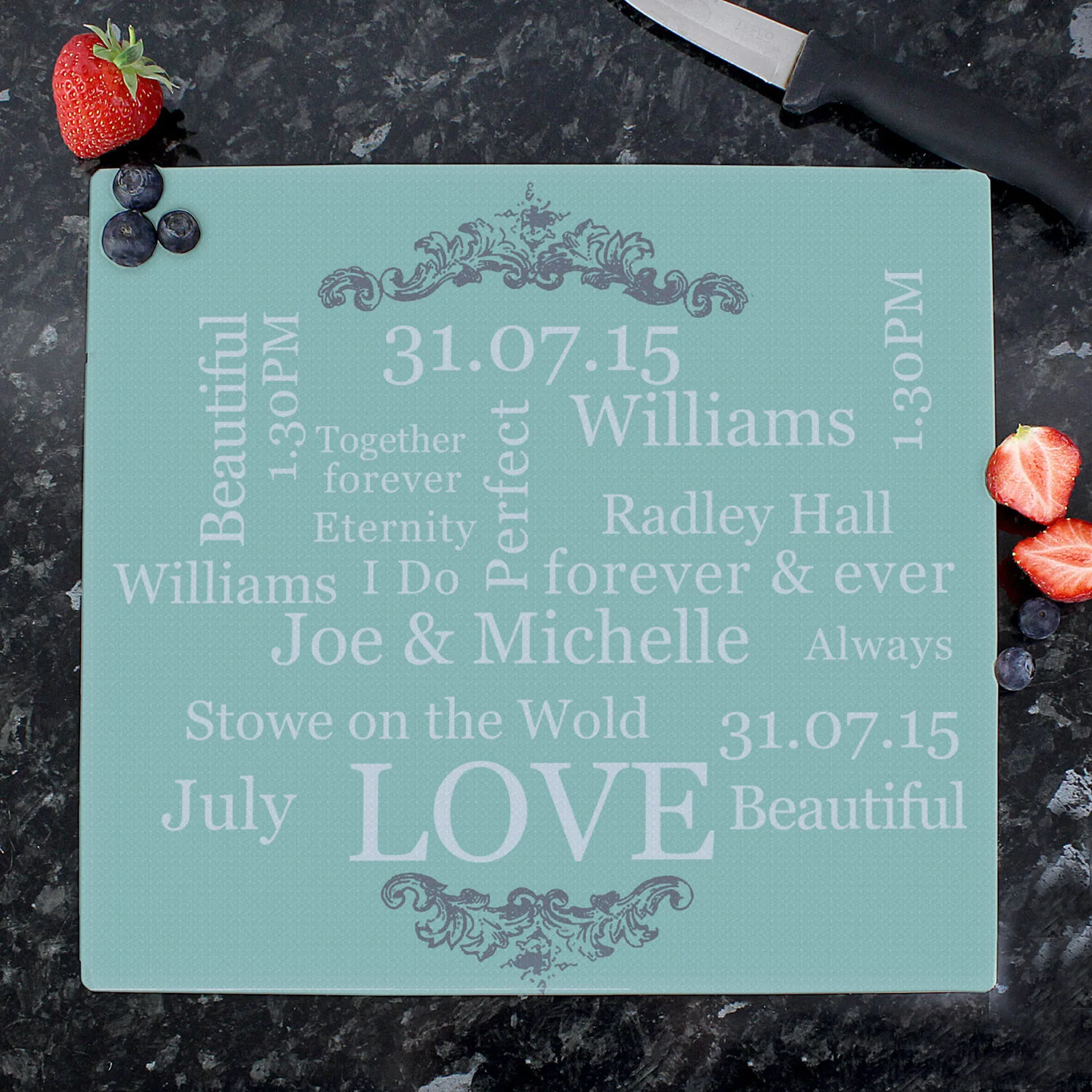 P080735 Personalised Typography Design Glass Chopping Board Worktop Saver Personalised Typography Design Glass Chopping Board/Worktop Saver - Image 1