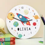 Personalised Rocket in Space Design Round Wooden Wall Clock