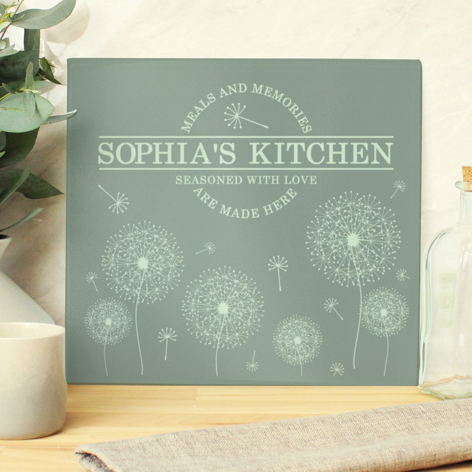 P080801 Personalised Dandelion Design Glass Chopping Board Worktop Saver Personalised Dandelion Design Glass Chopping Board/Worktop Saver - Image 1
