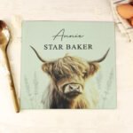 Personalised Highland Cow Design Glass Chopping Board/Worktop Saver