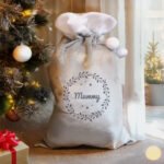 Personalised Name Only Holly Design Luxury Grey Pom Pom Christmas Sack - Image 2