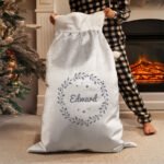 Personalised Name Only Holly Design Luxury Grey Pom Pom Christmas Sack - Image 3