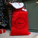 Personalised Holly Design Luxury Red Pom Pom Christmas Sack - Image 2