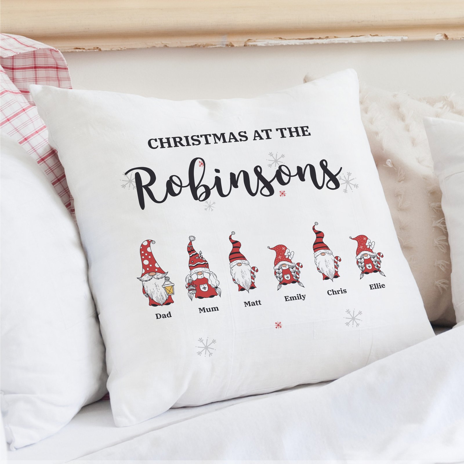 P0810A45 Personalised Gonk Family Design Christmas Filled Cushion Personalised Gonk Family Design Christmas Filled Cushion - Image 1