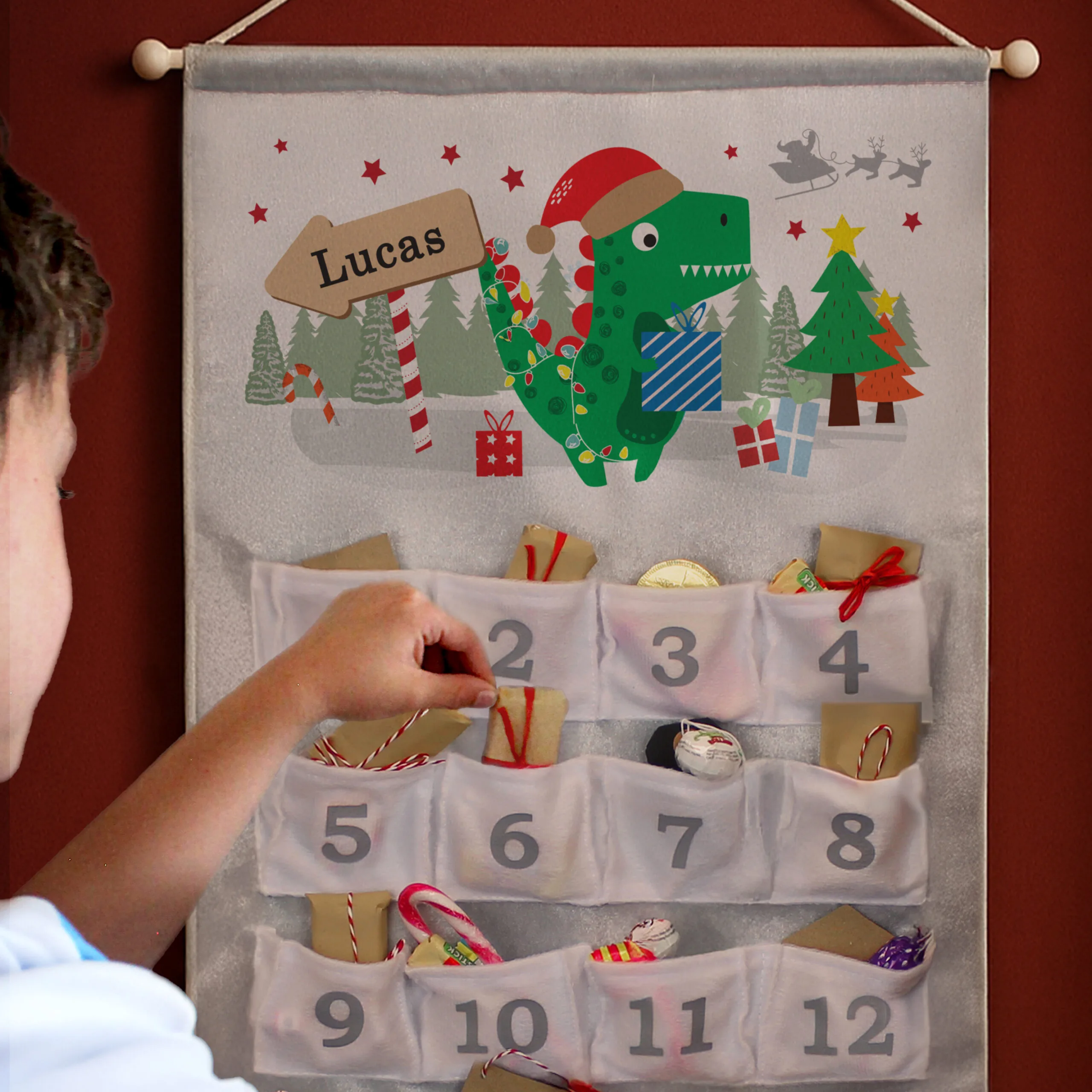 Personalised Children's Dinosaur Design Grey Felt Christmas Advent Calendar - Image 2