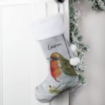 Personalised Robin Design Luxury Grey Pom Pom Christmas Stocking - Image 3