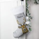 Personalised Stag Design Luxury Grey Pom Pom Christmas Stocking