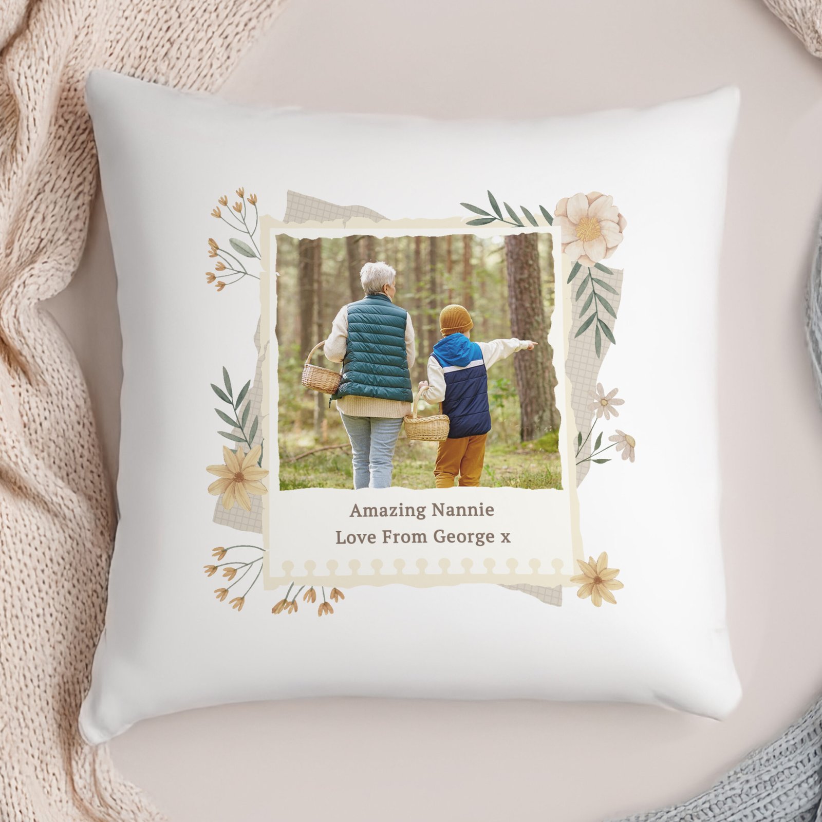 P0810A89 Personalised Any Message Wild Flowers Design Photo Upload Filled Cushion Personalised Any Message Wild Flowers Design Photo Upload Filled Cushion - Image 1
