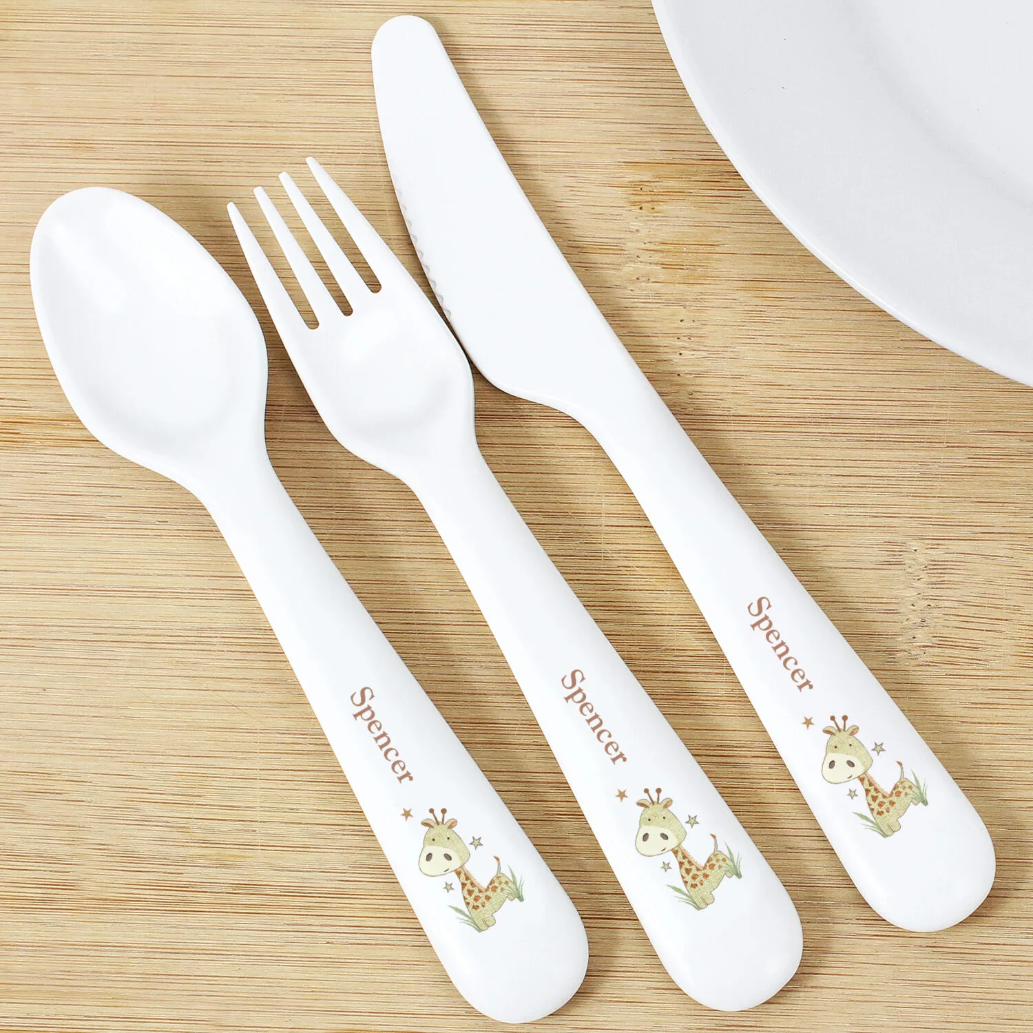 Personalised Children's Hessian Giraffe 3-Piece Plastic Cutlery Set - Image 1