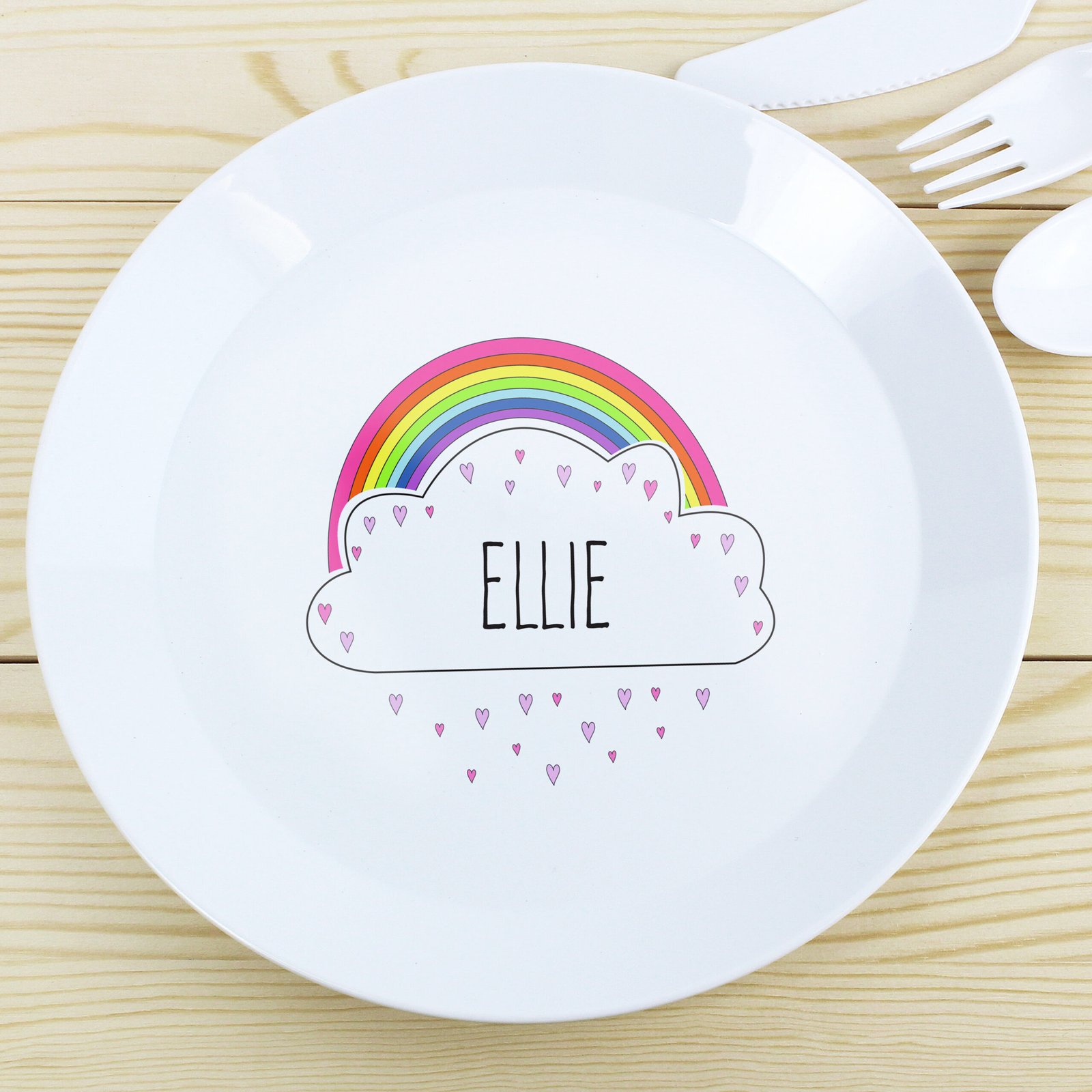 P0813A29 Personalised Children's Rainbow & Cloud Design Plastic Plate Personalised Children's Rainbow & Cloud Design Plastic Plate - Image 1