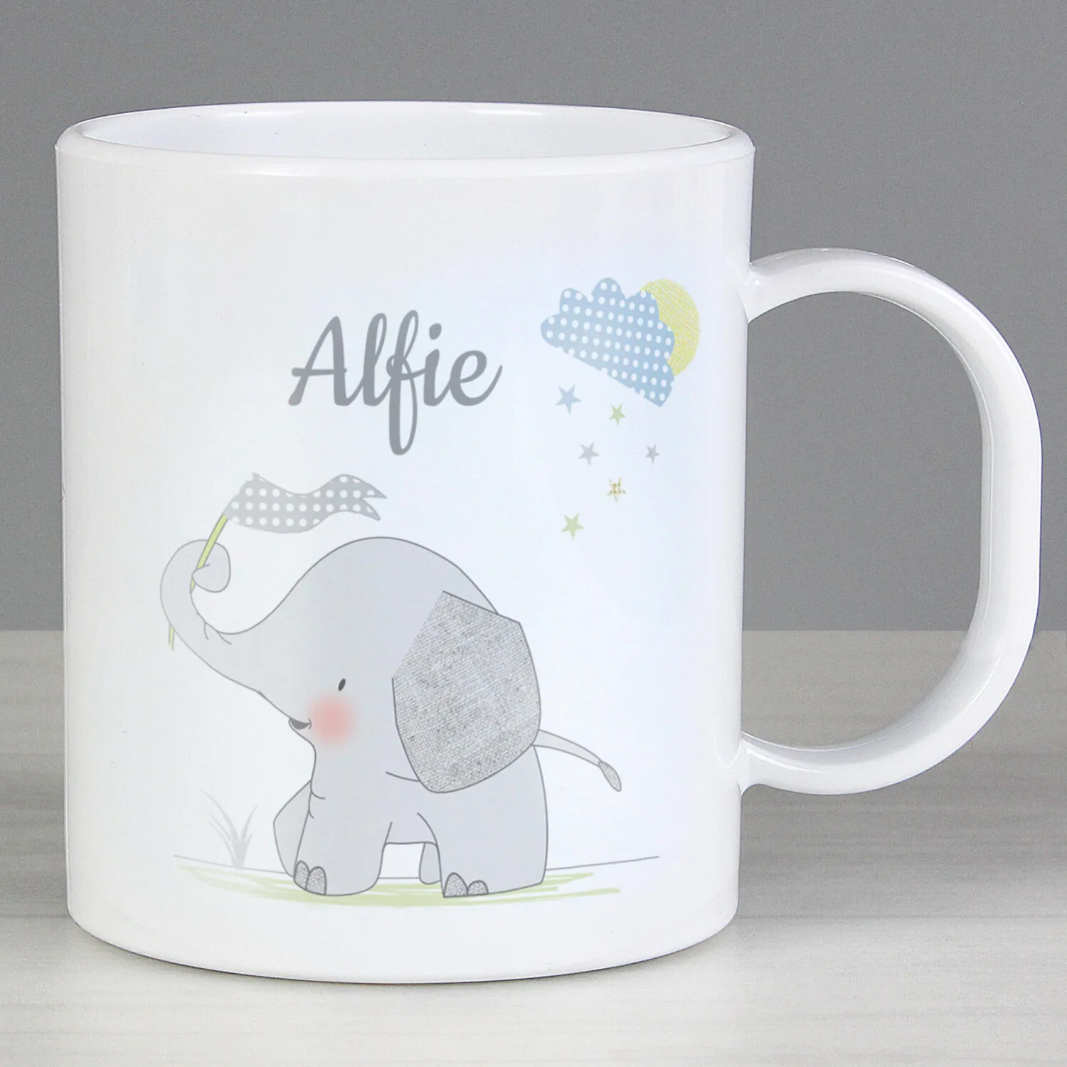 P0813A32 Personalised Children's Hessian Elephant Design Plastic Mug Personalised Children's Hessian Elephant Design Plastic Mug - Image 1
